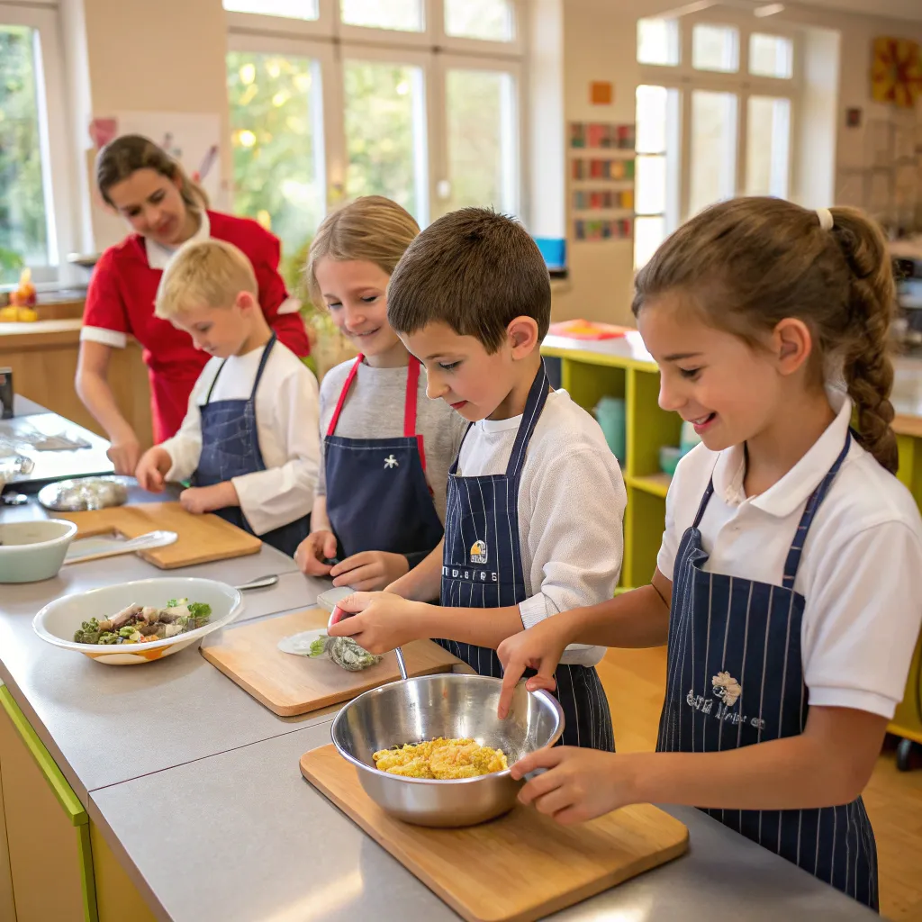 Children learning to cook in a classroom setting
