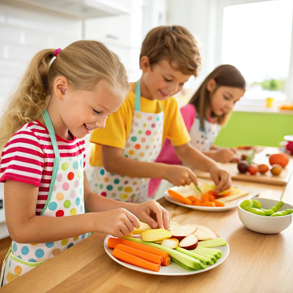 Children preparing healthy snacks with fruits and vegetables