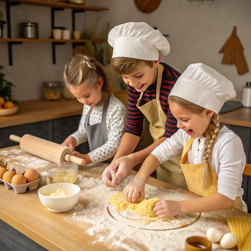 Children making pasta dough from scratch